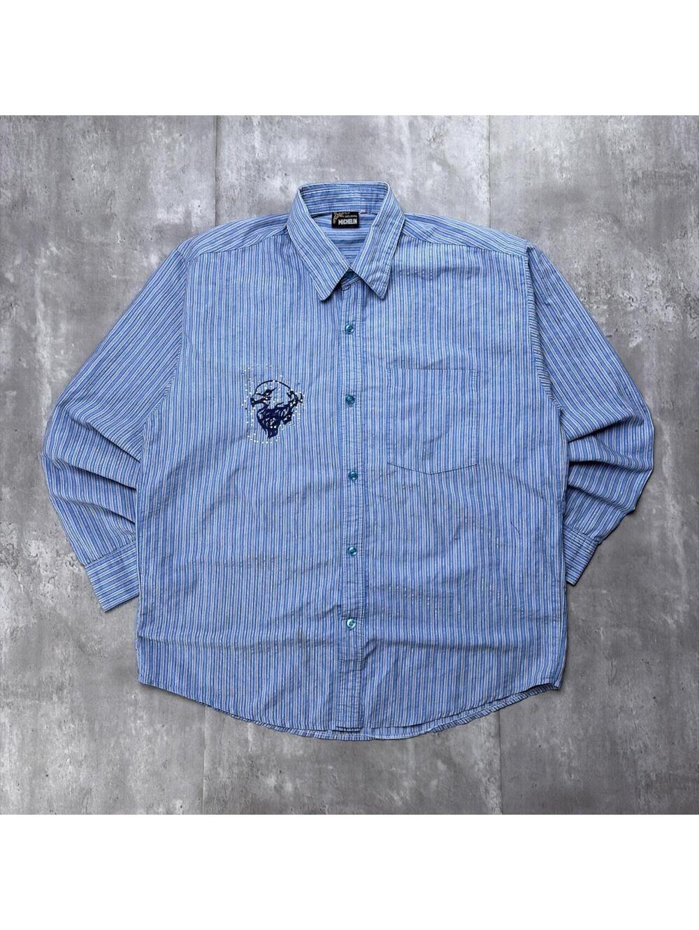 Y2K Blue Michelin Grunge Gothic Pinstripe Long Sleeve Button Up Shirt